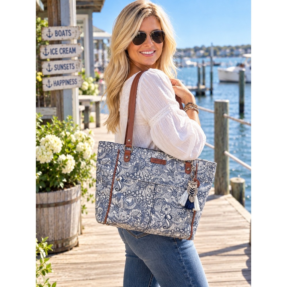 Sakroots Metro Shoulder Tote Bag Navy Spirit Desert Boho Floral Owl Charm Purse